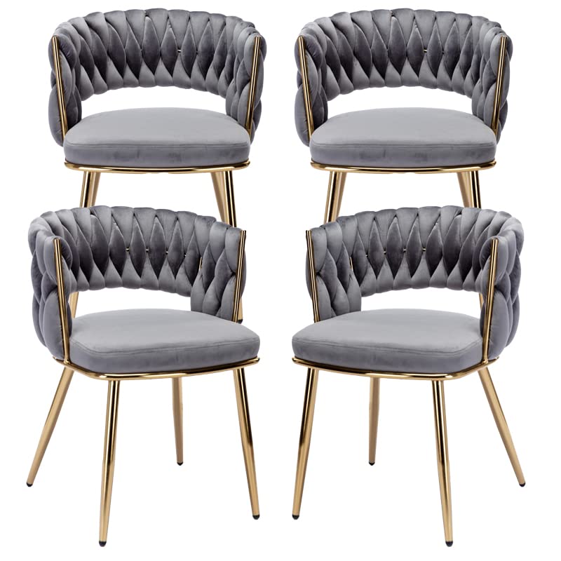 KCC Velvet Dining Chairs Set of 4, Gold Modern Dining Chair with Metal Legs, Woven Upholstered Dining Chairs for Dining Room, Kitchen, Vanity, Living