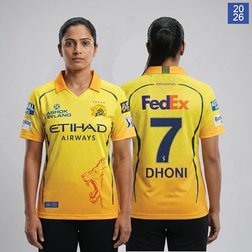 Image of playR x Chennai Super Kings Original Match Jersey IPL 2026 - Adult Dhoni 7 Half Sleeve CSK Cricket T-Shirt, Regular Fit Sportswear Tee for Training, Outdoor & Match Day Activewear for All Season
