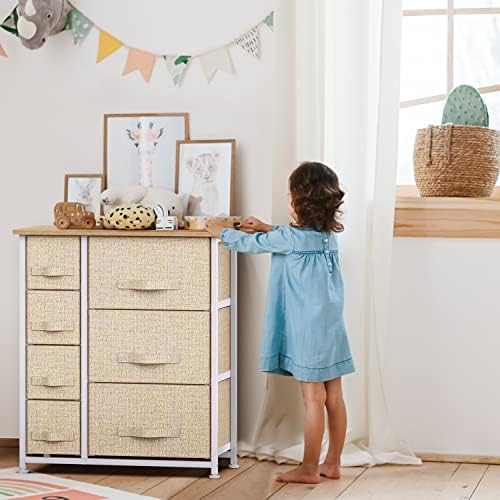 Pipishell Fabric Chest of Drawers, Dresser Storage Drawers with Wood Top and Large Storage Space, Vertical Chest of 7 Drawers for Bedroom Living Room Nursery Room Hallway, Beige (PISC05)