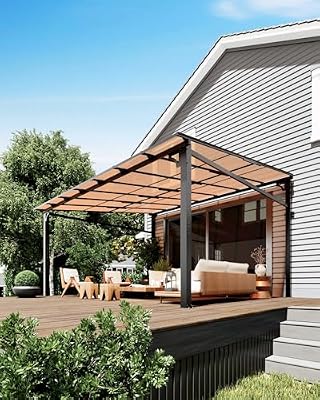 GarveeLife 10'x 14' Lean to Gazebo, Hardtop Wall Pergola with Polycarbonate Roof, Aluminum Frame Slant Mounted Gazebo for Lawn Patio Deck Yard and Party