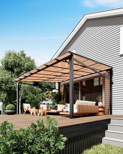 10'x 14' Lean to Gazebo, Hardtop Wall Pergola with Polycarbonate Roof, Aluminum Frame Slant Mounted Gazebo for Lawn Patio Deck Yard and Party