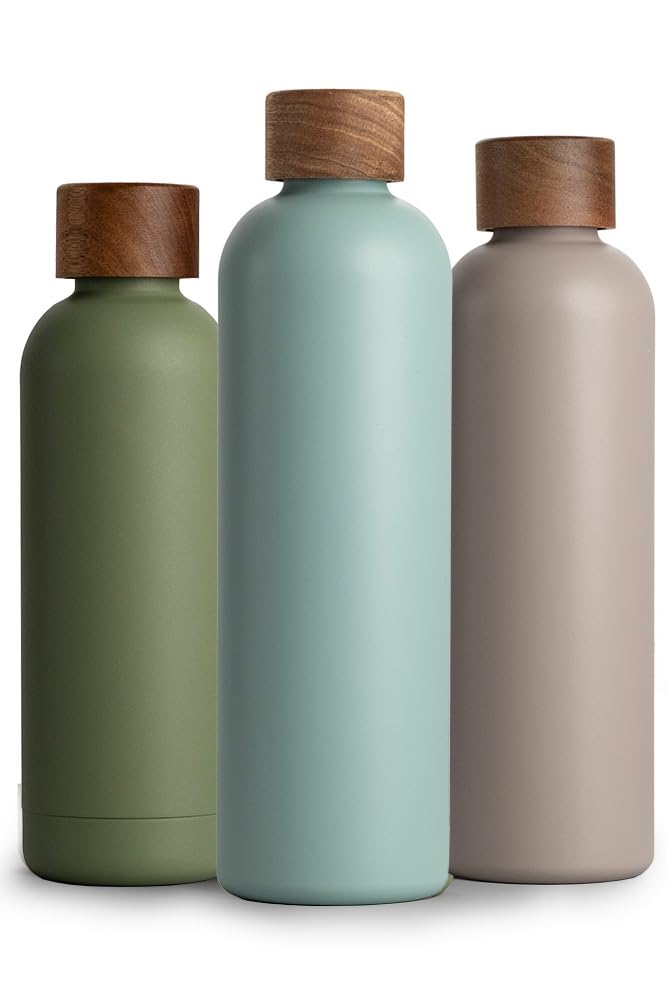 T&N Borraccia in acciaio inox, 1 litro, thermos da 1 l, con coperchio in legno di acacia, isolata, a prova di perdite in caso di anidride carbonica, thermos da 1000 ml – Aqua Turchese