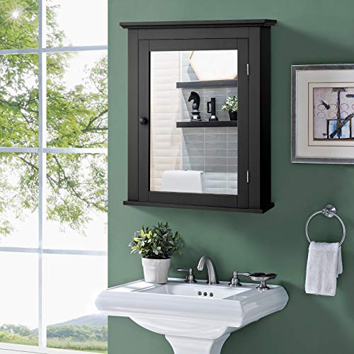 Tangkula Bathroom Cabinet With Mirror, Mirrored Wall-Mounted Storage Medicine Cabinet With Single Door & Adjustable Shelf In 5 Positions, Multipurpose Wall Cabinet For Bathroom Vestibule (Black) #TOP1