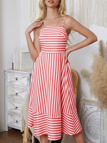 Image of Women's Striped Sleeveless A Line Beach Summer Dress Spaghetti Strap Backless Smocked Cutout Ruffle Midi Dresses Red