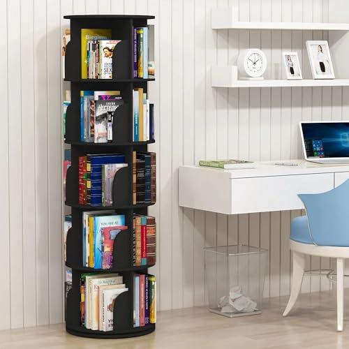 Image of AESTHETIC DECOR Wooden Rotating 360 preassembled Book Shelf Tower case Open Rack Organiser Space-Saving 5 Tier Corner Stand for Home Library Kids Room Ready to Use (Black) Multipurpose use