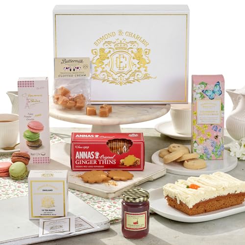 Edmond & Charles Luxury Carrot & Walnut Cake Afternoon Tea Hamper | Premium Gift Box with Teas Biscuits Cake Macarons Fudge & Jam | Set of Gourmet Birthday Treats | Hampers Presents for Women