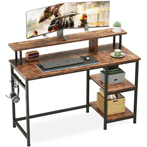 Dripex Rustic Brown Computer Desk with Monitor Stand Cover