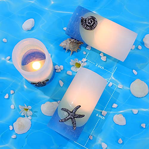 Revelbunny 3" X 6" Blue Flameless Candles, Ocean Theme Flickering Led Candles With Remote Timer, Battery Operated Real Wax Pillar Candle For Home Bedroom Party Wedding Decor, Set Of 3 #TOP5
