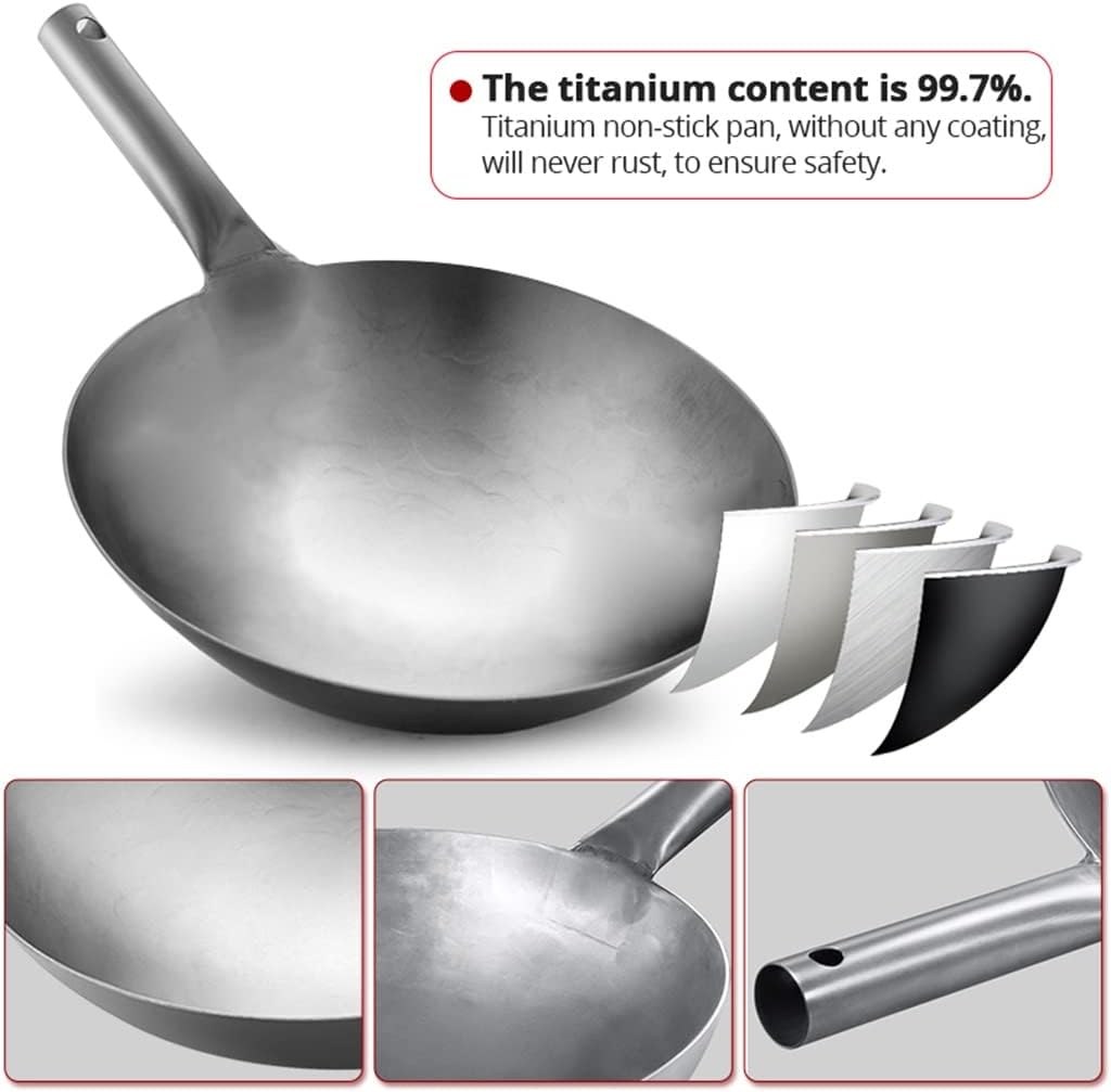 純粋なチタン揚げ中華鍋、ウクス化されていない中華鍋、高速熱伝導、ガス炊飯器用の焦げ付き防止の手作りパンクッキングポット（34cm）