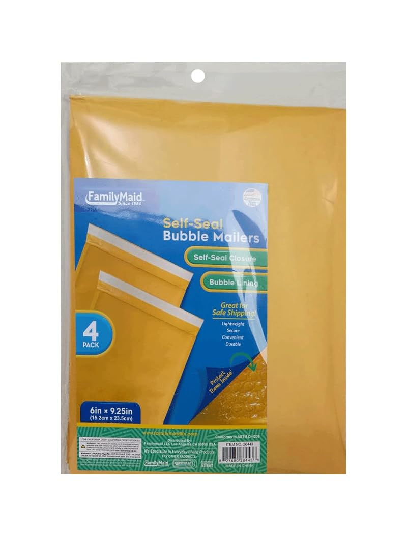 Family Maid Bubble Mailers #0 Size Self-Seal 6"x9.25" Padded for Shipping 4PC