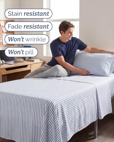 Image of Twin XL 4 Piece Sheet Set - College Dorm Room Essentials - Blue Stripes | Ultra Soft Dorm Bedding Set, 8 inch to 16 inch Inch Deep Pockets, 1 Flat & 1 Fitted Sheet & 2 Pillowcases, Wrinkle & Fade Free