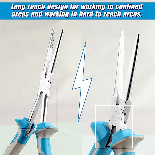 SPEEDWOX Long Reach Needle Nose Pliers Precision Needle Nose Pliers w/ Teeth Wire Looping Pliers for Jewelry Making Extra Long Needle Nose w/ Protective Cover for Narrow Space Blue White - Image 3