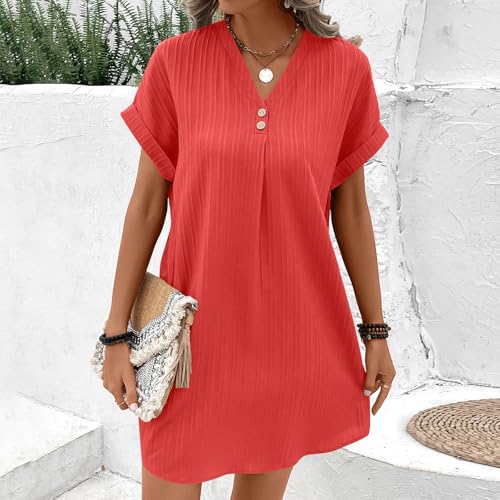 Women V Neck Short Sleeve Dress Casual Trendy Henley Neck Loose Summer Solid Lightweight Beach Vacation Mini Dress4
