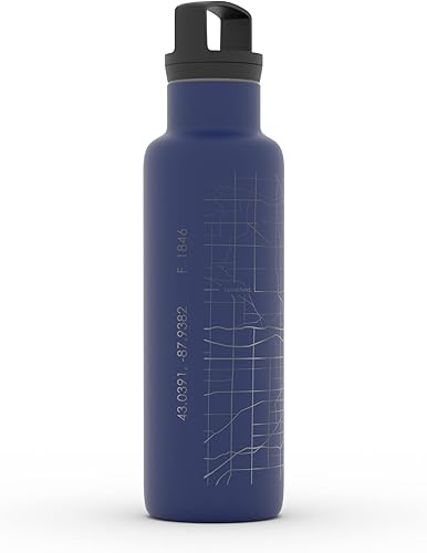 Miniatura 296 de Well Told Botella de agua aislada con mapa Chicago Illinois, grabado de acero inoxidable (21 onzas, gris muelle) botella aislada de mapa