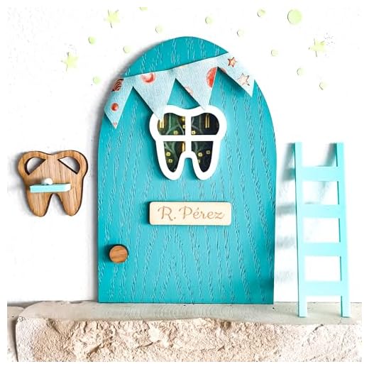 7GANSOS Puerta ratoncito Pérez VERDE AGUA de MADERA con estrellas LUMINISCENTES y repisa para dejar el diente. Diseño habitación infantil.