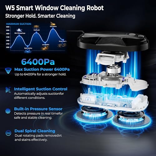 Image of Tosima W5 Window Cleaning Robot, 6400Pa Max Adaptive Suction, Auto-Spray Smart Window Cleaner with Triple Safety System, Intelligent Navigation, Remote Control, for All Smooth Surfaces, Black