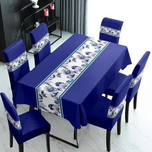 Image of Styleys Dining Chair Cover with Table Covers for Kitchen Waterproof Dining Table Cloth (1 Table Cover + 4 Chair Cover, Navy Blue Flower, K727)