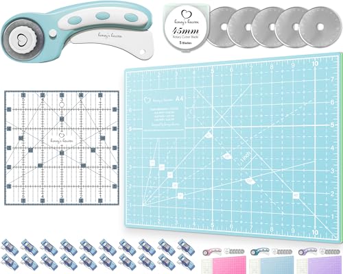 Rotary Cutter Set - Quilting Kit incl. 45mm Fabric Cutter, 5 Replacement Blades, A4 Cutting Mat...