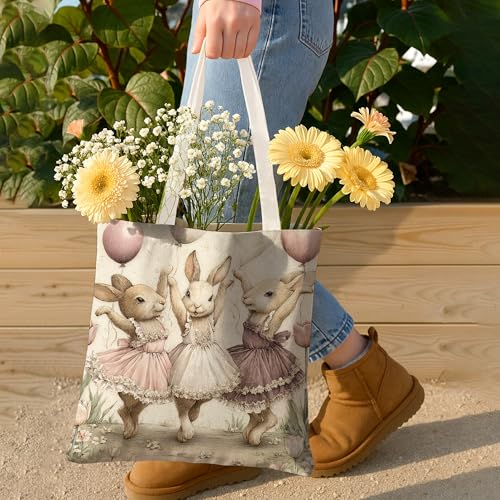 Bunny Canvas Tote Bags, Cute Animal Dance Pattern Reusable Bags, Vintage Lightweight Washable Shoulder Strap Canvas Bags fo4