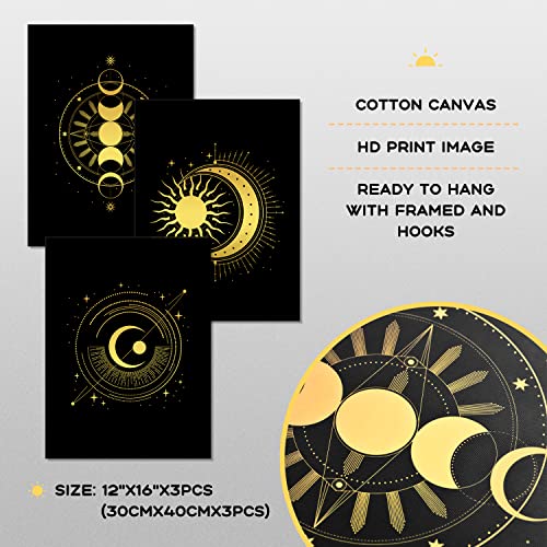 3Pcs Occult Gold And Black Wall Art Decor Canvas Prints Alchemy Witch Sun Moon Stars Art Picture Artwork Painting Home Decor For Living Room Bedroom Bathroom Office With Framed 12X16 Inches #TOP4