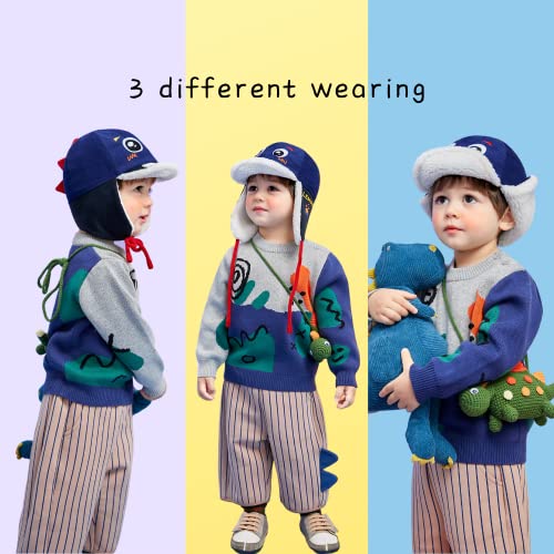 Llbucuo Toddler Winter Hat Sherpa Lined Baby Trapper Hat Fleece Kids Winter Hat Warm Fleece Infant Hat For Boys Girls (Blue Dinosaur,1-2 Years) #TOP3