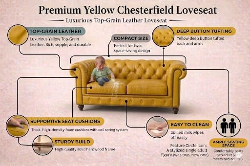 Image of Claudia Modern Classic Design Leatherette Luxury Chesterfield Sofa Set with Button Tufted, 2 Seater Sofa for Living Room Home, Office and Lobby (Yellow, 2 Seater Sofa)