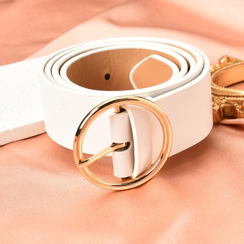 yaozeio Womens White Leather Belts for Ladies Gold Buckle Belt for Women Lady Waist Stretch Belts for Jeans Dresses Trousers Pu Leather Belt3