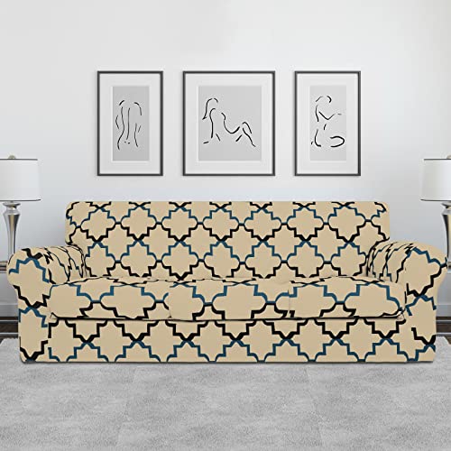 Image of Easy-Going 4 Pieces Stretch Sofa Cover for 3 Cushion Couch Washable | Sofa Slipcover for Stretch 3 Separate Sectional Cushion Couch - Furniture Protector for Pets, Kids Quatrefoil /Beige