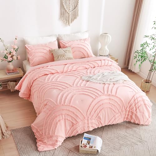 Image of ENJOHOS Pink Queen Size Comforter Bedding Set for College Teen Girls - 3 Pc Tufted Bed Set with Rainbow Design, Lightweight Fluffy Microfiber Comforter with 2 Pillowcase