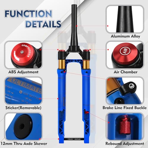 BUCKLOS GRVS 1 1/8 700C Gravel Road Bike Air Suspension Fork, 40mm Travel 28.6mm Threadless Tapered Tube, 100 * 12mm Thru Axle, Manual Lockout Disc Brake Bicycle Front Fork - Thumbnail 3