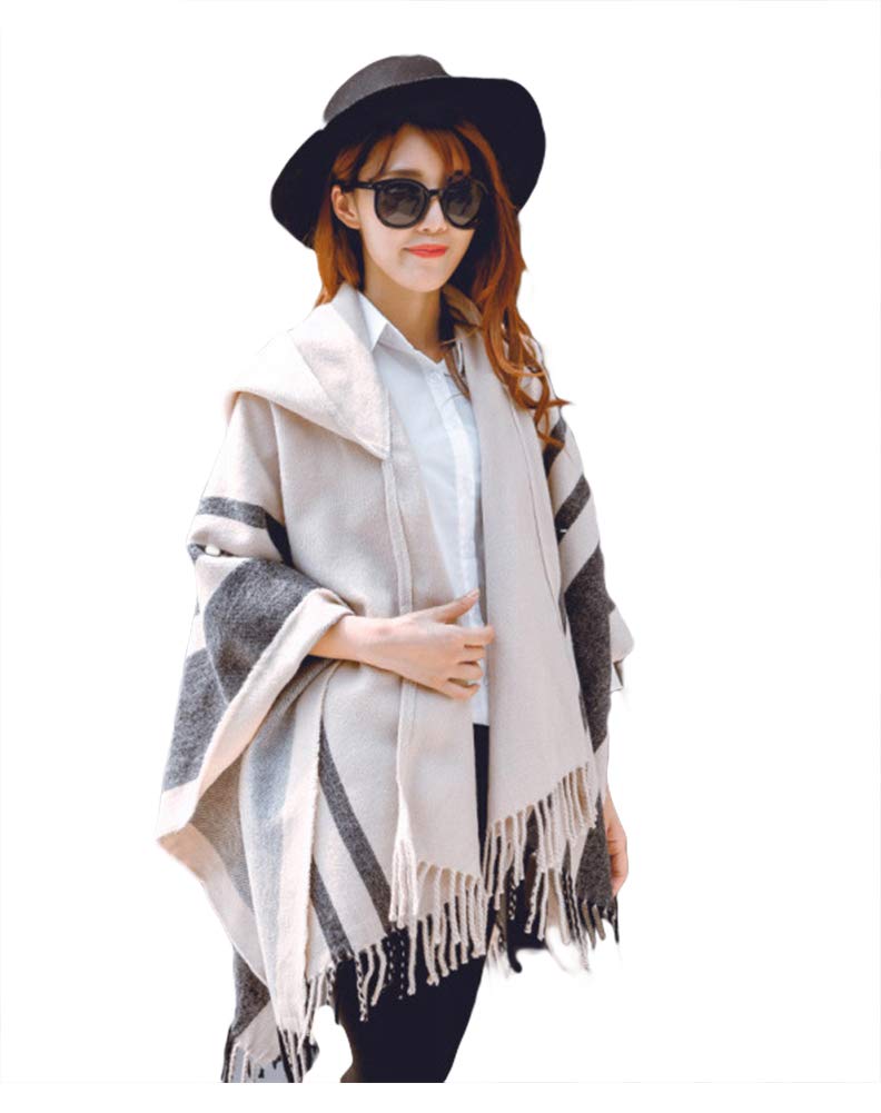 Hycurey Women Winter Knitted Faux Cashmere Poncho Capes Plus Size Shawl Cardigans Sweater Coat