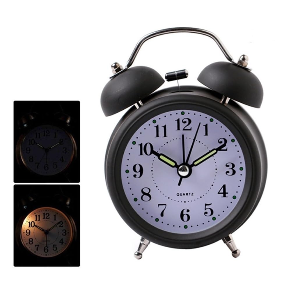 Budzik, Głośny budzik z podświetleniem dla osób o głębokim śnie, podwójny dzwonek, bardzo dekoracyjny zegar biurkowy w stylu retro(Black)