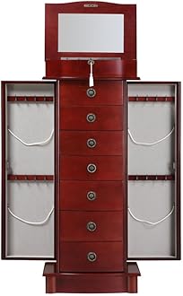 Hives and Honey Noelle Jewelry Armoire, Locking Storage Organizer with 7 Drawers and 2 Doors Featuring Necklace Hooks, Cherry