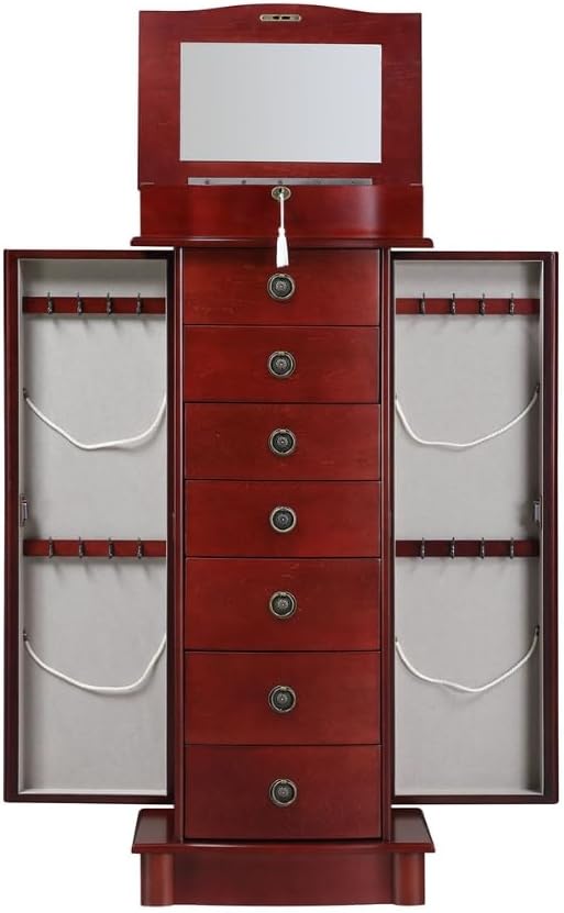 Hives and Honey Noelle Jewelry Armoire, Locking Storage Organizer with 7 Drawers and 2 Doors Featuring Necklace Hooks, Cherry