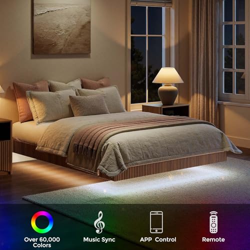Image of Evermagin Walnut Queen Floating Bed Frame with led Lights, Fluted Platform Bed No Headboard, Heavy Duty Mid Century Modern Float Metal Bedframe, No Box Spring Needed (Walnut, Queen-10in high)