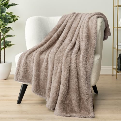 PAVILIA Sherpa Throw Blanket for Couch Sofa, Taupe Tan Fluffy Warm Plush Blanket for Bed, Cozy Super Soft Lightweight Throw, Fuzzy Decorative Blanket, All Season Home, 50x60