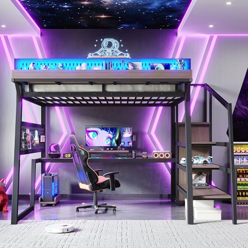 Image of Bellemave Full Size Gaming Loft Bed with Desk and Wardrobe Storage Stairs,Shelves, LED USB, Loft Bed Full Size for Teens Metal, Black