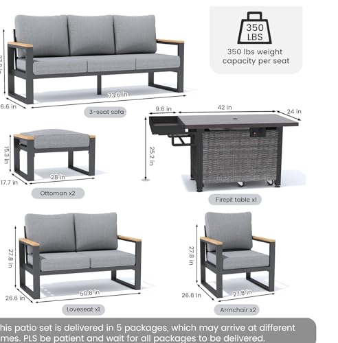 Image of Sundale Outdoor Aluminum Patio Furniture Set, 7 Piece Outdoor Conversation Sets with Fire Pit, Ottoman and Washable Thick Cushions, All Weather Outdoor Sectional Set for Deck, Lawn, Yard (Grey)