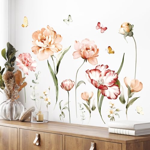 Tanlaby Fleur Sticker Muraux, Papillon Floral Aquarelle Stickers Mural Décorations Autocollants Murales Auto-adhésives Amovibles pour Décoration du Salon Chambre à Coucher Bureau et de Maison