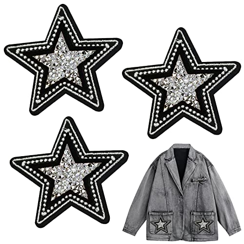Qusmeiyici 3 peças de apliques bordados com estrelas cintilantes coloridas, costurar em adesivos de ferro para roupas, jaquetas, jeans, mochilas, chapéus, artesanato, costura, confecção
