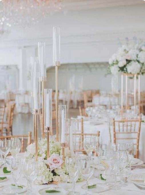 Miniatura 4 de Juego de 8 candelabros dorados de 35 pulgadas para mesas, candelabros, centros de mesa de boda, decoración de mesa, pantalla acrílica para velas LED