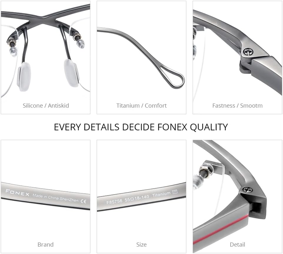 FONEX Pure Titanium Glasses Frame Men Semi Rimless Square Eyeglasses Eyewear DTX416