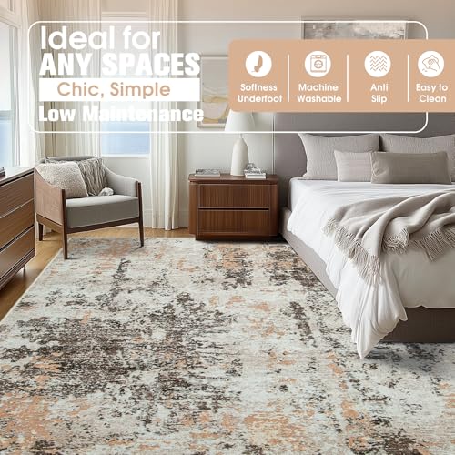 10x14 Area Rugs for Living Room Rug Washable: Abstract Large Rug Indoor Modern Carpet Non Slip for Dining Room Bedroom Nursery Home Office Brown Beige