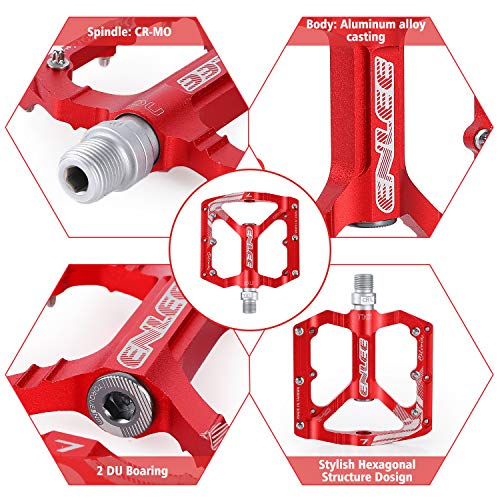 MatyKit S Shape Mountain Bike Pedals of Lightweight, Specialized 9/16" UD Bearings Ultra Strong Colorful CNC Machined Alloy Bicycle Non-Slip Pedal, Anodizing Sealed 3 Bearing Cycling Pedals (Red)