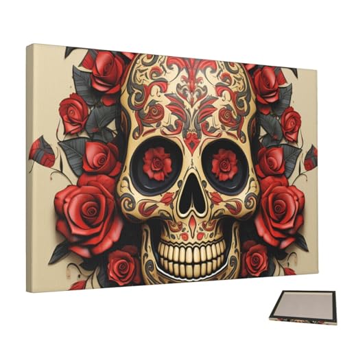 Décoration murale sans cadre en toile imprimée crâne et rose HCLYvexiria