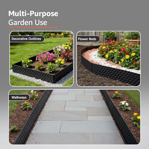 Image of Amazon Basics Garden Edge | Weather-Resistant Plastic Lawn Border with Black Picket Design | Easy Installation for Garden & Pathway Edging