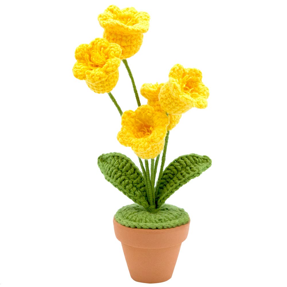 Crocichi Crochet Flowers Lily of The Valley Artificial Flowers Braided Potted Plants Simulated Hand Woven Knitting Lifelike Flowers Ornament for Home Office Decor (Yellow, 1pc, 6.3 inches)