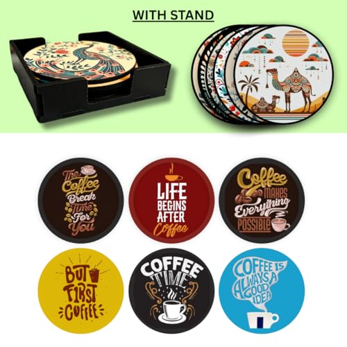 Image of Zesta Coasters for Cups Set of 6 / Wooden Coasters for Bar Accessories for Home /Tea Coaster Set of 6 / Waterproof Dining Table Decor Glass Cover (Coffee Lover, Circle)