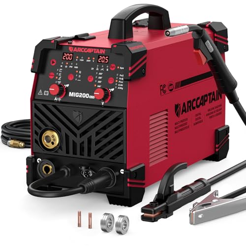 ARCCAPTAIN MIG Welder 200A, Upgraded 6 IN 1 Welding Machine 110V/220V Flux Core MIG/Gas MIG/Lift TIG/Stick Welding/Spool Gun MIG/Spot Multiprocess Welder with Synergy, Burn Back Adjustment,