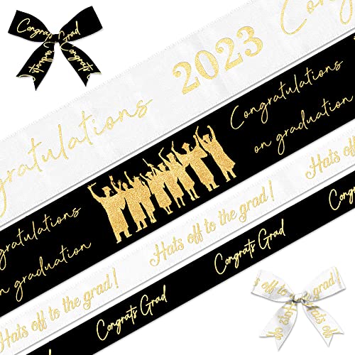 4 Pieces 2023 Graduation Ribbons 5 Yards, Congrat Grad Congratulations On Graduation Words Ribbons Gold White Black Decor Ribbons for Graduation Ceremony Gift Wrapping Party Decoration Crafts Supplies